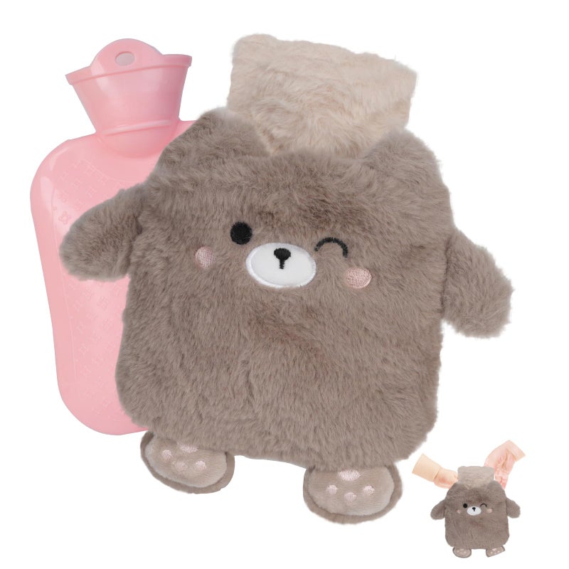 Flintronic Hot Water Bottle, 400ml Warm Water Bag with Plush Cover, Hot Water Bottle Cosy Fluffy Soft Plush Cute Pattern, Hot Water Bag for Neck, Shoulder Pain and Hand Feet Warmer (Dark Brown Bear)